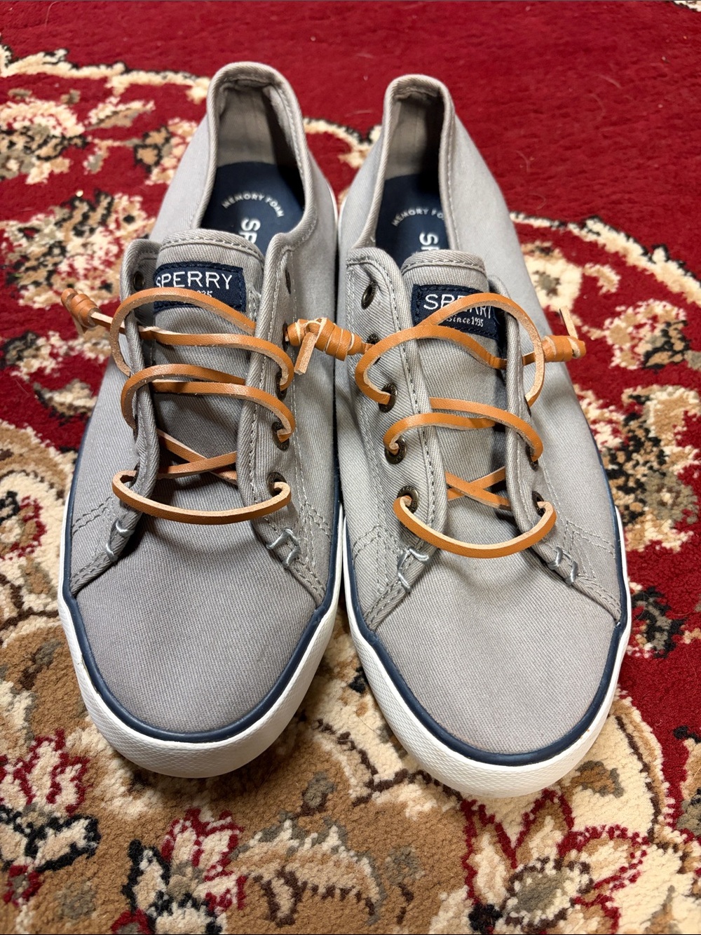 Sperry womens Light Gray Canvas Boat Shoes with Tan Leather Laces